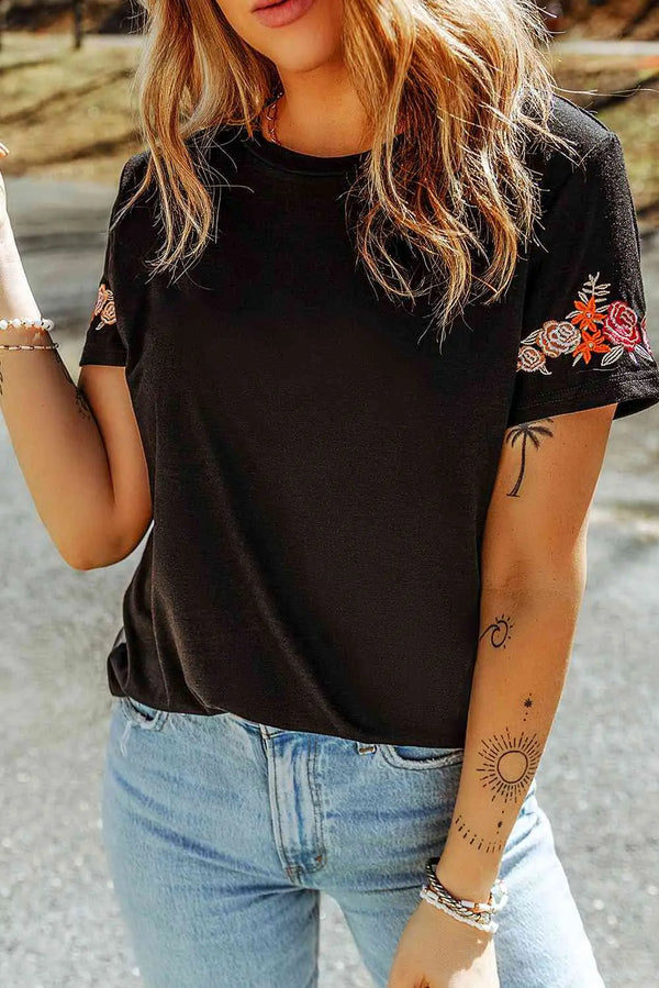 Embroidered Round Neck Tee Shirt Trendsi