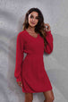 V-Neck Long Sleeve Rib-Knit Sweater Dress Bazaarbey