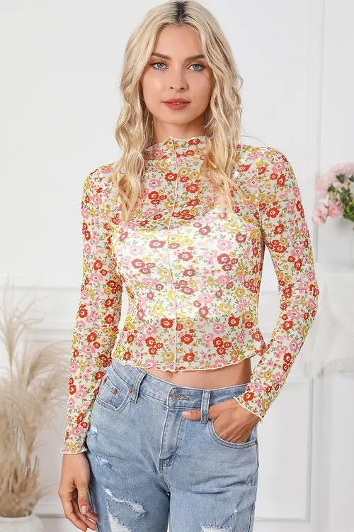 BazaarBey Floral Mock Neck Long Sleeve Blouse Trendsi