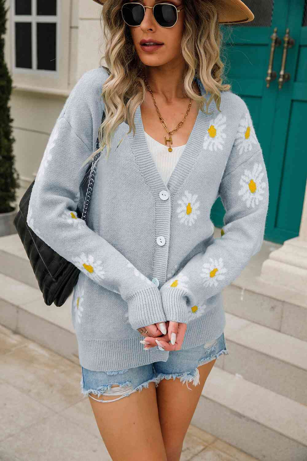 Daisy Pattern Button Front Cardigan Trendsi