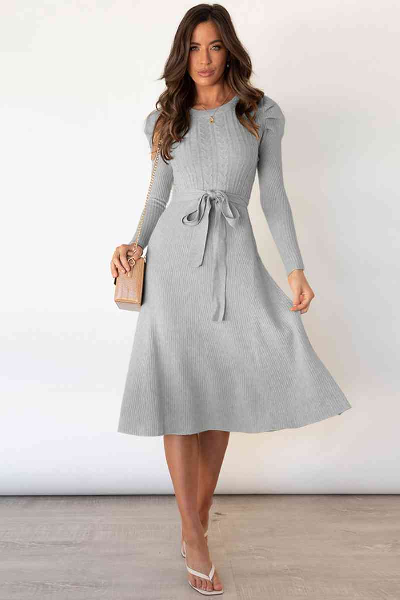 Round Neck Long Sleeve Tie Waist Sweater Dress Bazaarbey