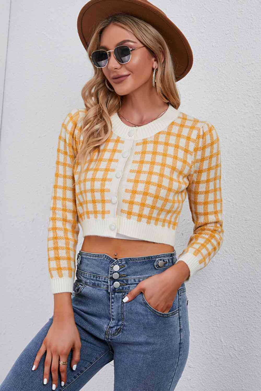 Plaid Buttoned Cropped Cardigan Trendsi