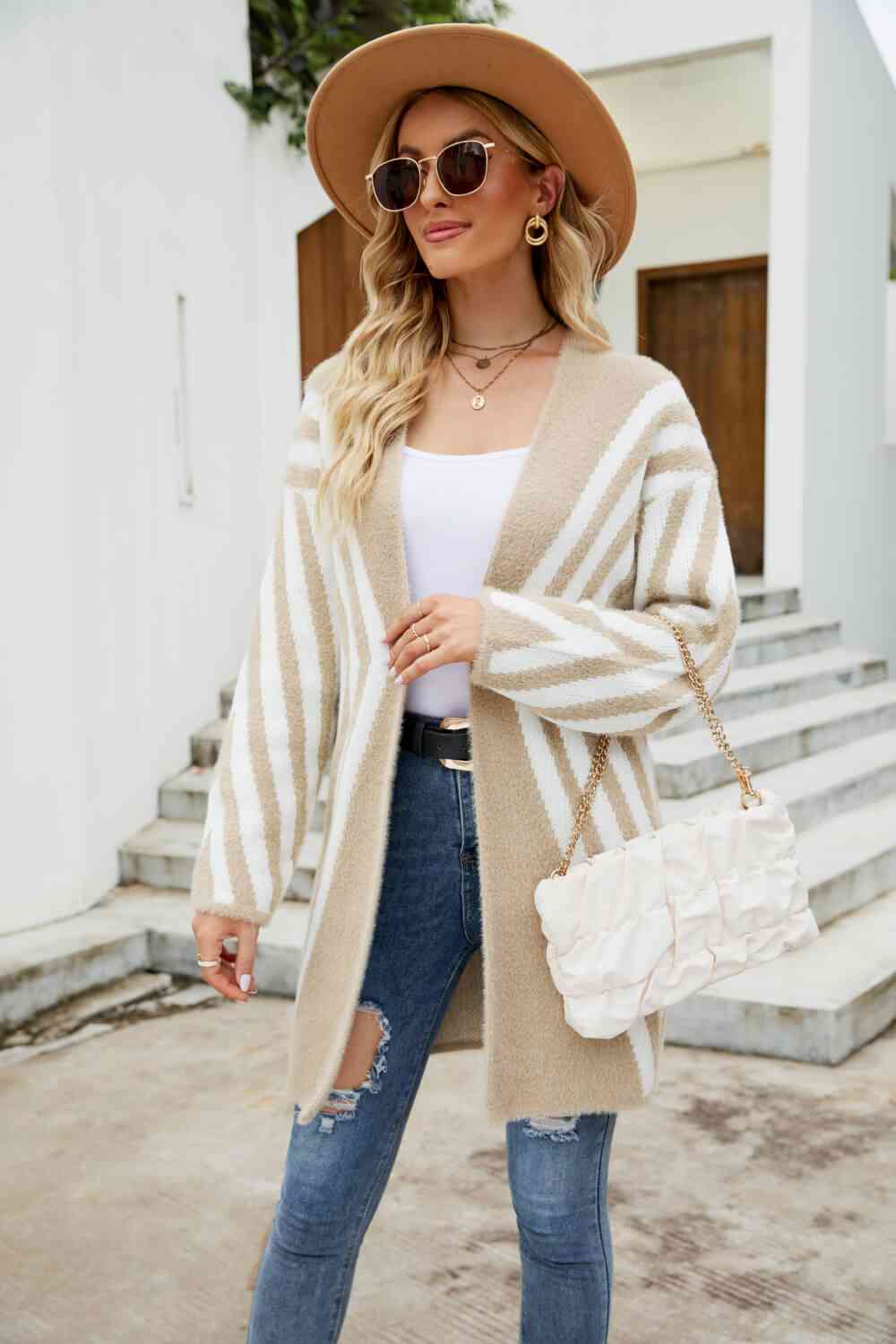 Woven Right Two-Tone  Fuzzy  Cardigan Trendsi