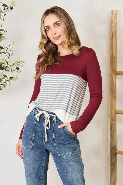 e.Luna Full Size Striped Contrast Long Sleeve Blouse Trendsi