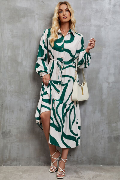 Tie-Waist Printed Button Up Dress -BazaarBey - www.shopbazaarbey.com