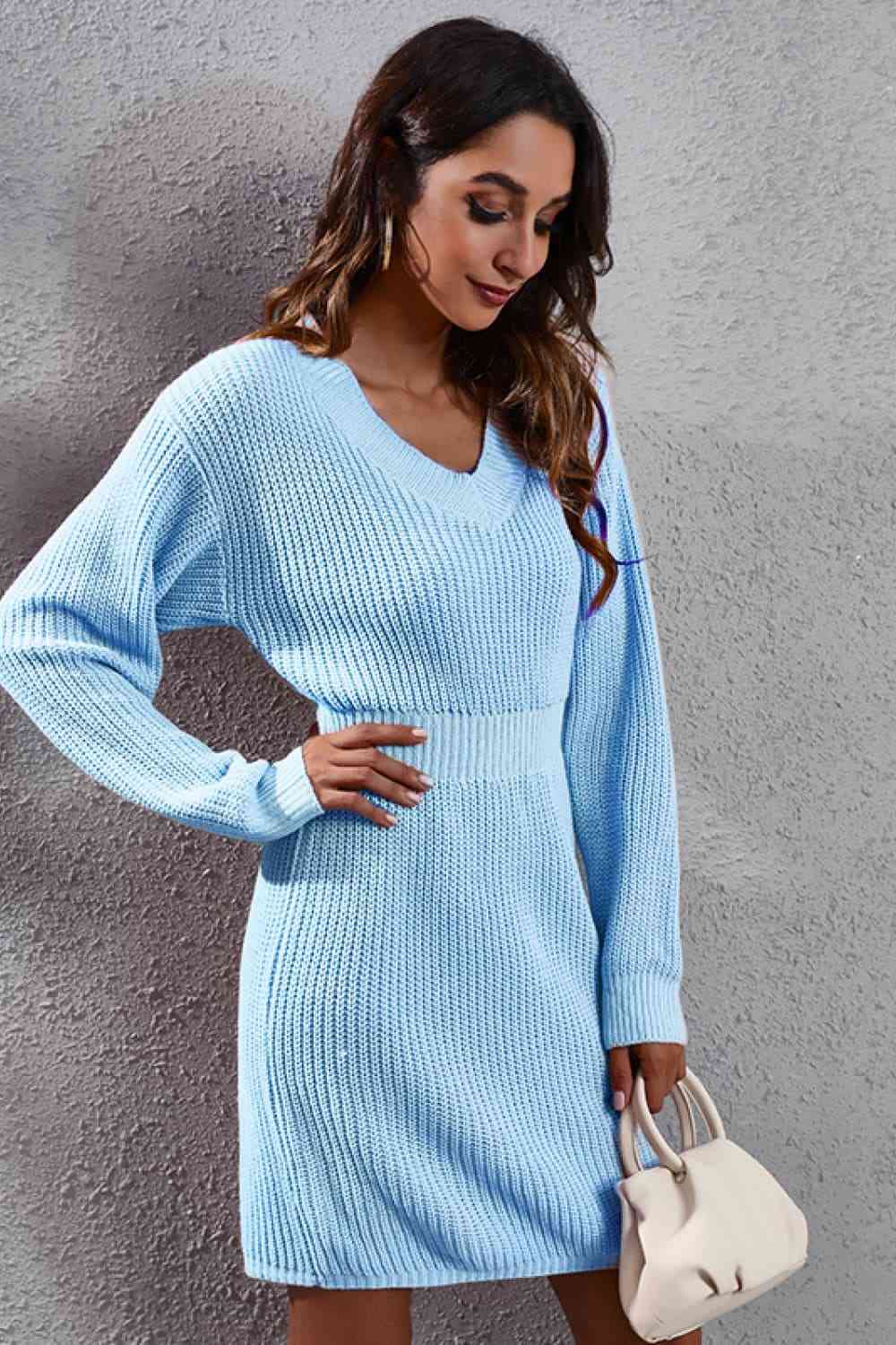 V-Neck Long Sleeve Rib-Knit Sweater Dress Bazaarbey