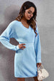 V-Neck Long Sleeve Rib-Knit Sweater Dress Bazaarbey