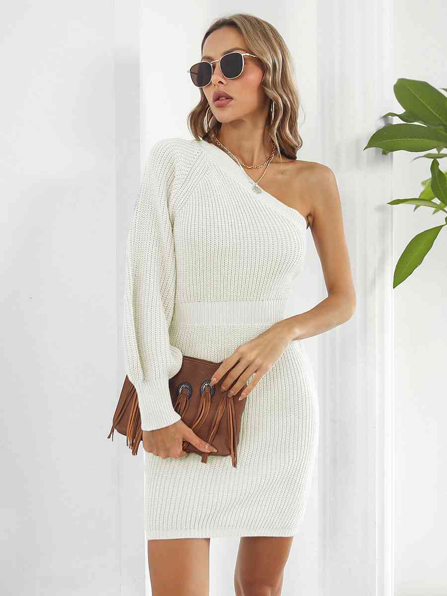 One-Shoulder Mini Sweater Dress Bazaarbey