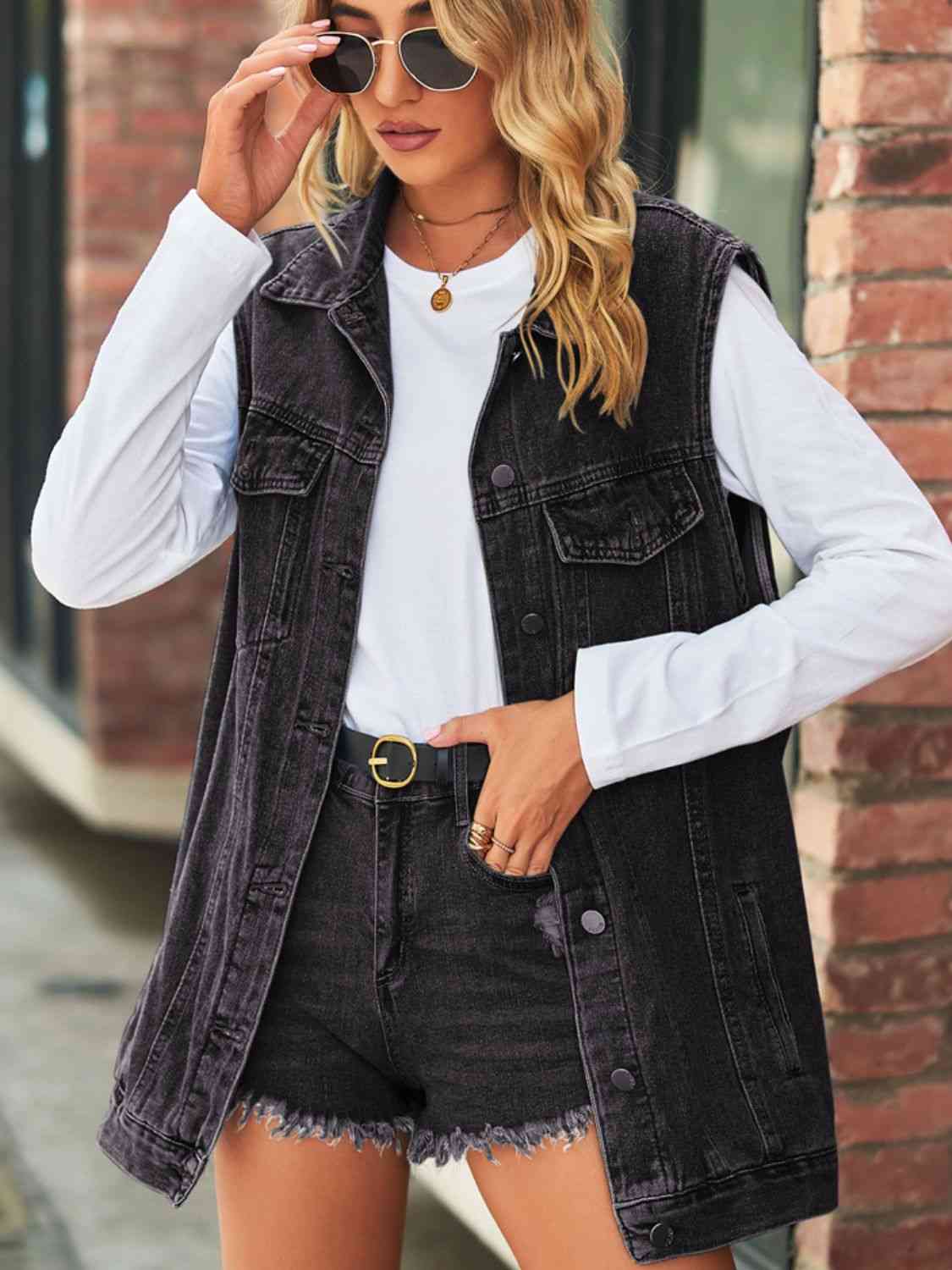 Collared Neck Sleeveless Denim Top with Pockets Bazaarbey