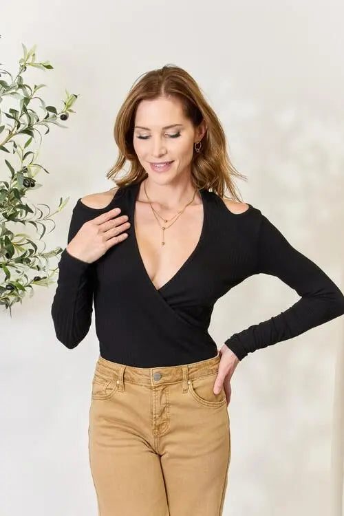 BazaarBey  Full Size Ribbed Surplice Cold Shoulder Top Trendsi