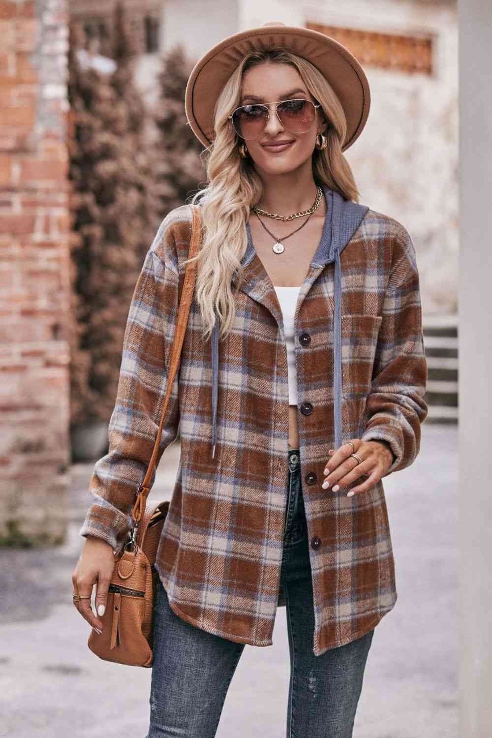 Plaid Dropped Shoulder Hooded  Jacket Trendsi