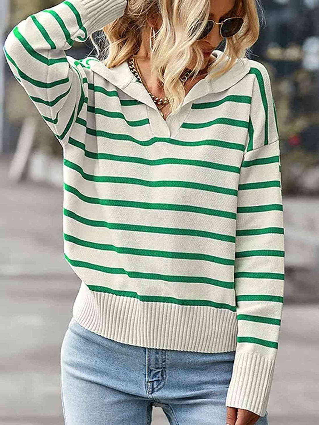 Striped Collared Neck Knit Top Bazaarbey