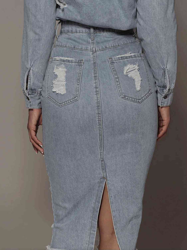 Distressed Slit Denim Skirt Trendsi