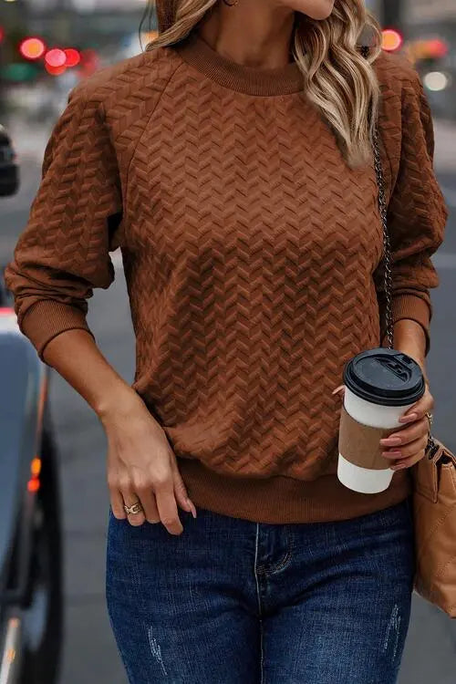 Texture Round Neck Long Sleeve Sweatshirt Bazaarbey