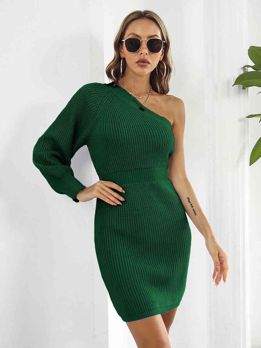 One-Shoulder Mini Sweater Dress Bazaarbey