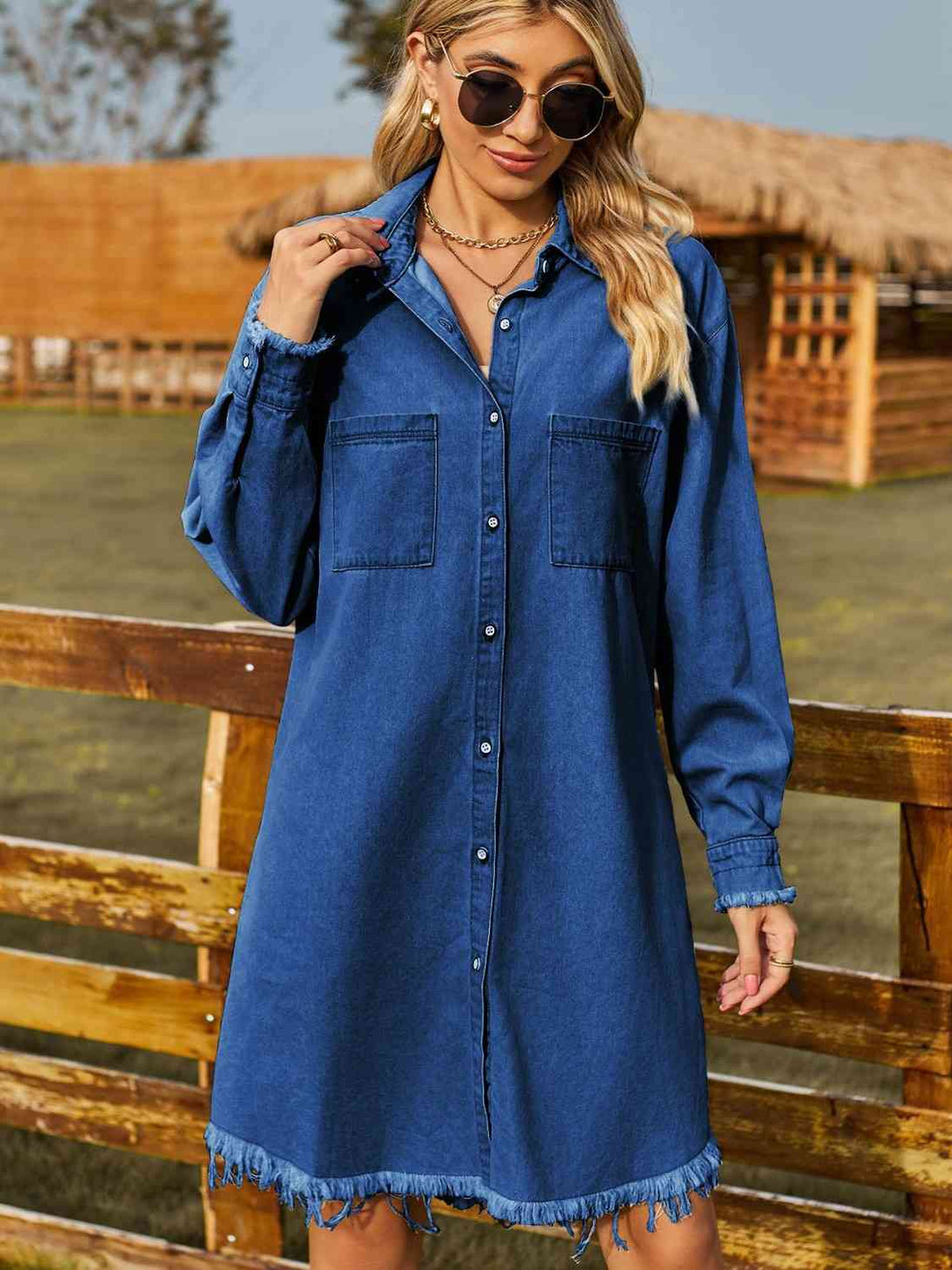 Button Up Collared Neck Raw Hem Denim Dress Trendsi