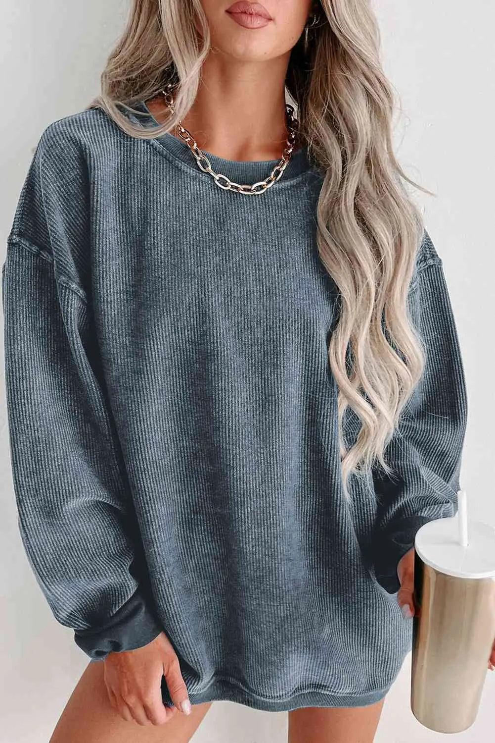 Round Neck Dropped Shoulder Sweatshirt Bazaarbey