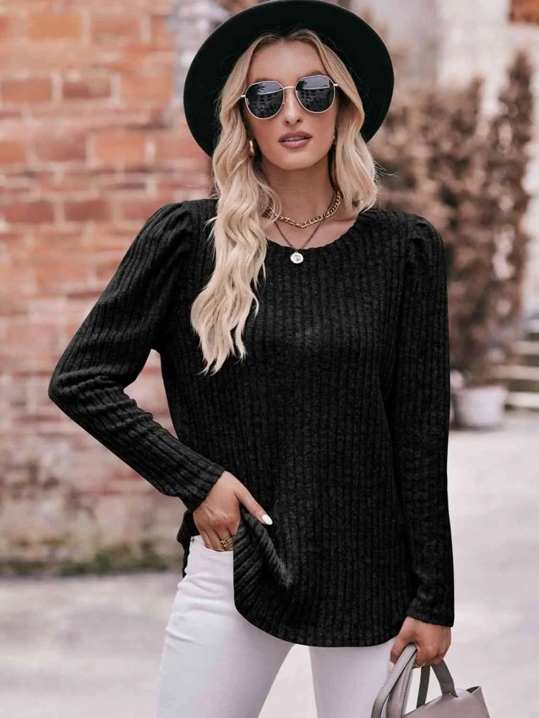  Round Neck Puff Sleeve Ribbed Top Trendsi