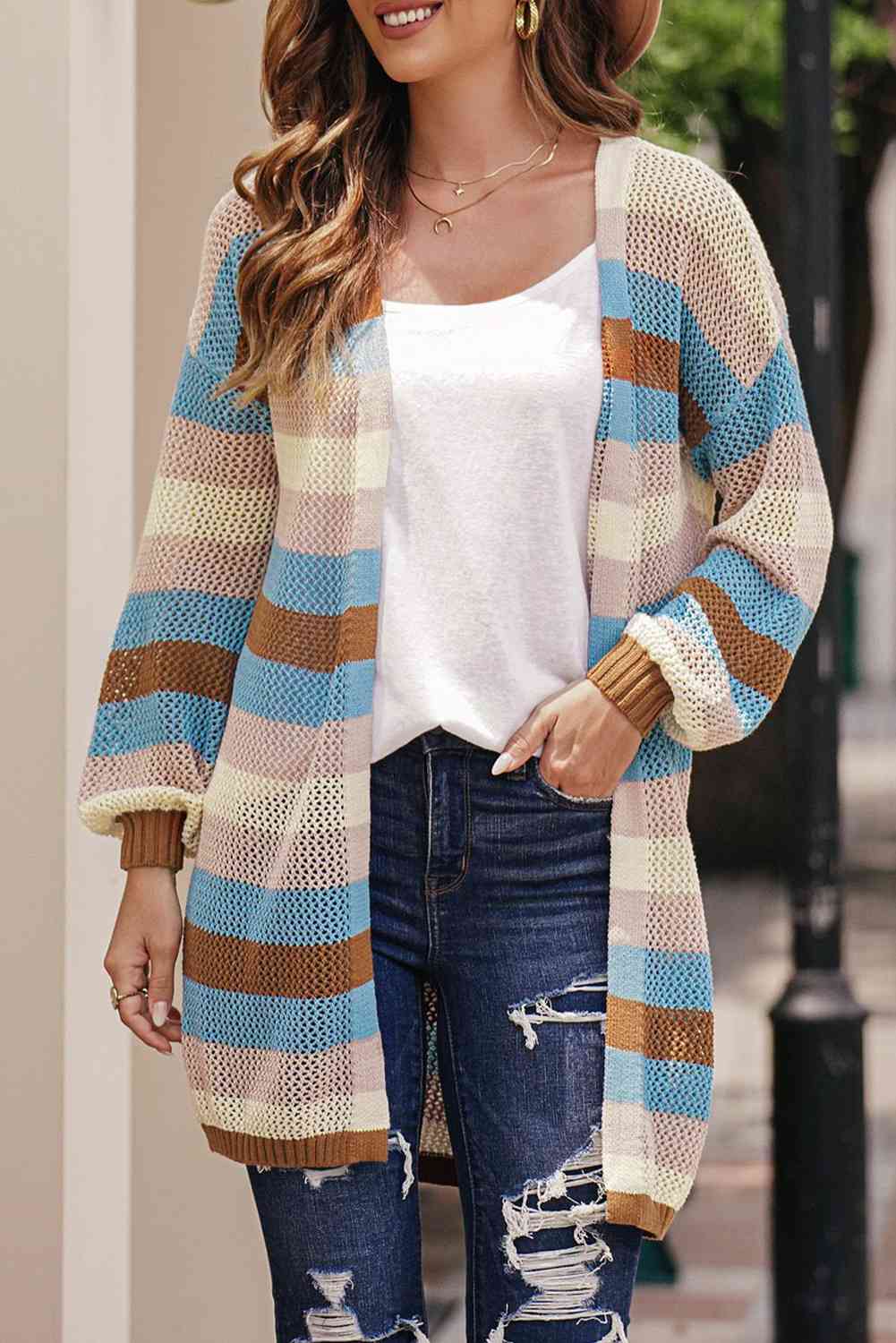  Striped Long Sleeve  Cardigan Bazaarbey