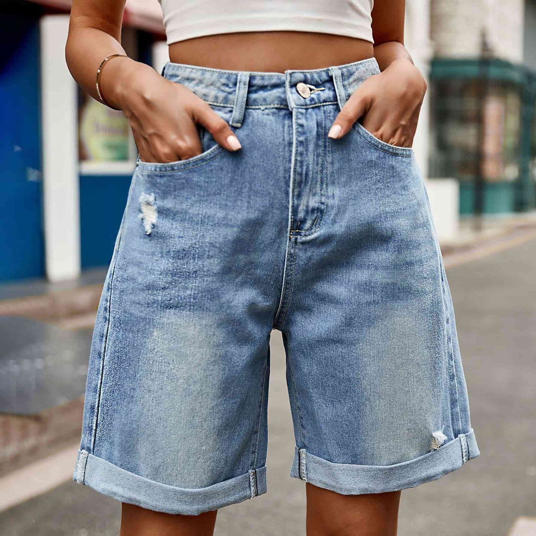 Distressed Buttoned Denim Shorts with Pockets Bazaarbey