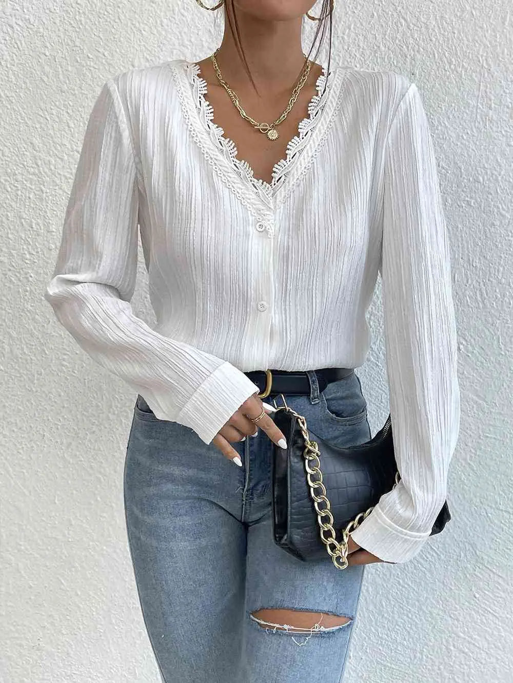 Lace Trim V-Neck Long Sleeve Shirt Bazaarbey