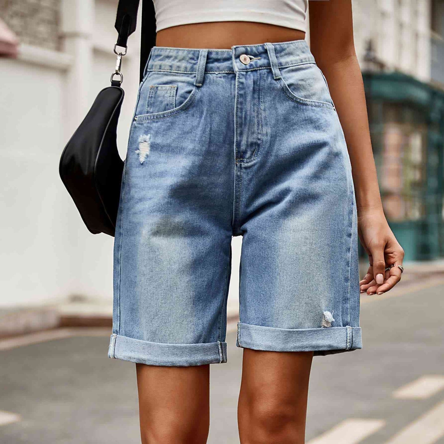 Distressed Buttoned Denim Shorts with Pockets Bazaarbey