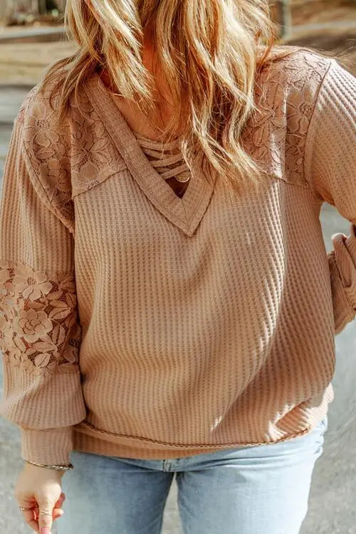 BazaarBey Plus Size Waffle -Knit V-Neck Long Sleeve Blouse Trendsi