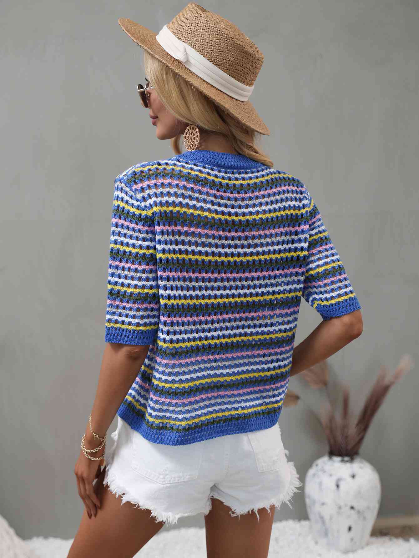 Striped  Half Sleeve Knit Top Trendsi