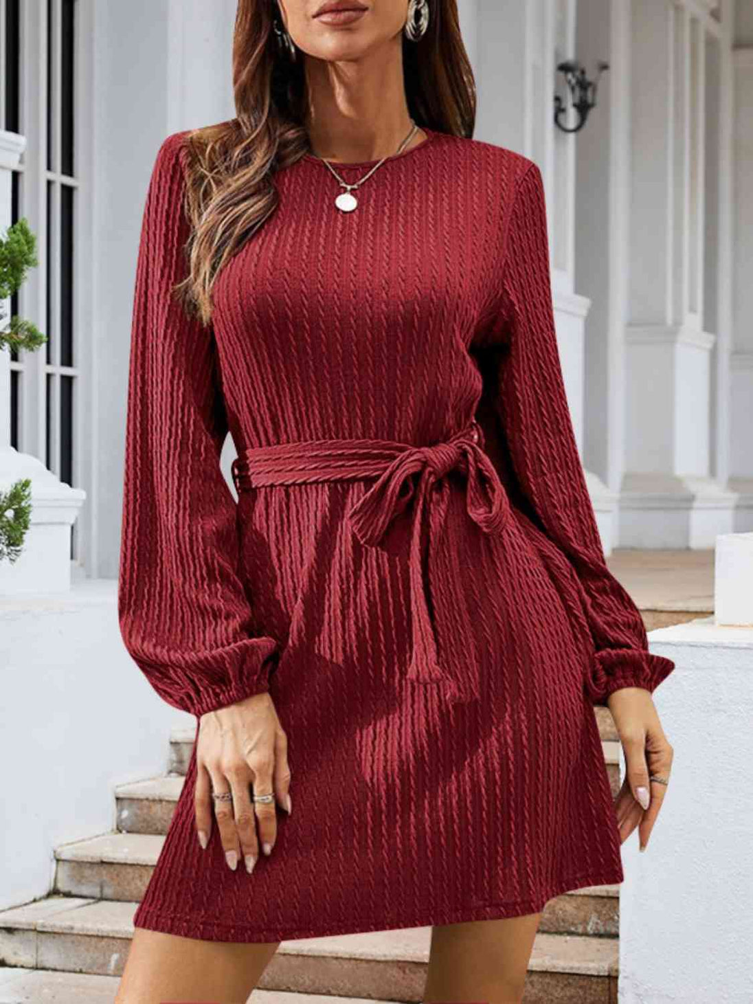 Round Neck Tie Front Long Sleeve Dress Bazaarbey