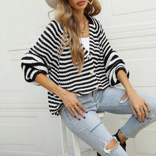 Striped Button Down Long Sleeve Cardigan Trendsi