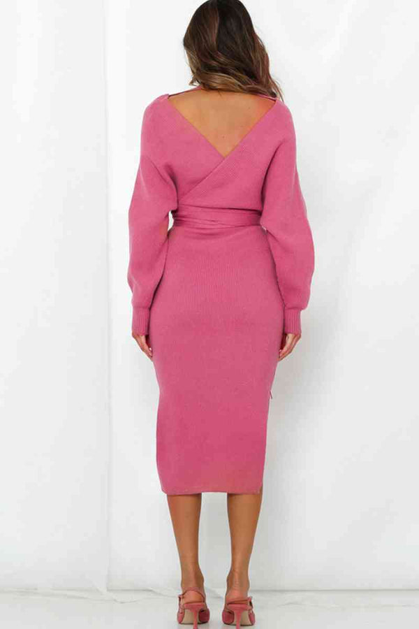 Surplice Neck Bow Waist Slit Sweater Dress Bazaarbey