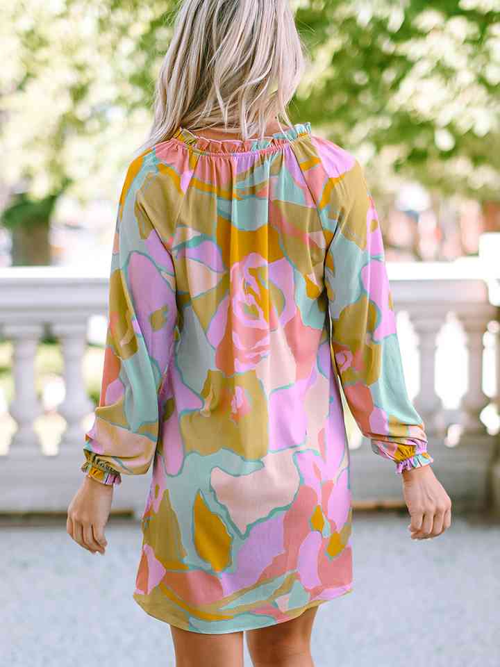 Printed Tie Neck Long Sleeve Dress -BazaarBey - www.shopbazaarbey.com