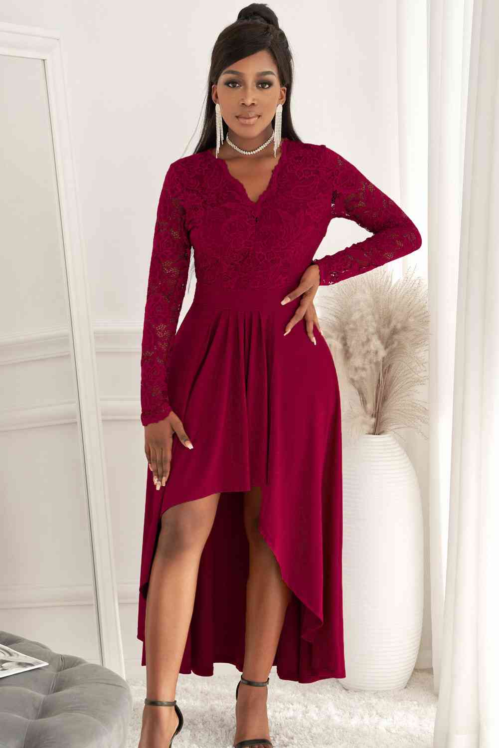 Lace High-Low V-Neck Dress Bazaarbey