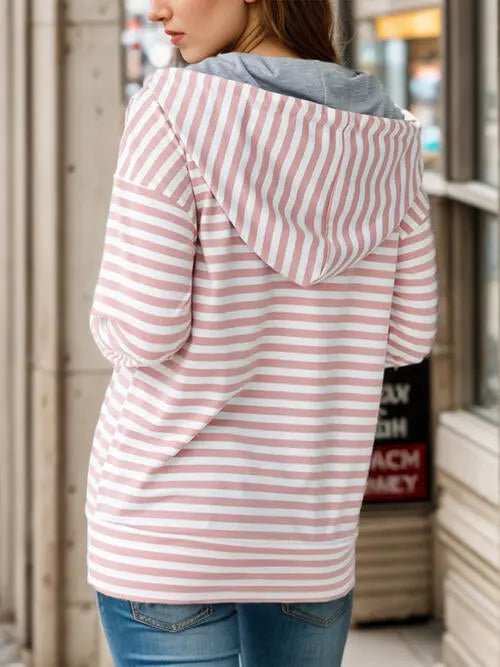 Striped Drawstring Half Zip Hoodie Trendsi