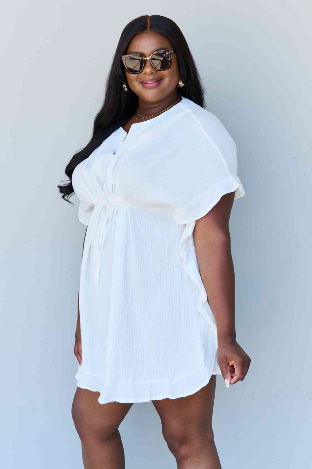 Ninexis Out Of Time Full Size Ruffle Hem Dress with Drawstring Waistband in White Bazaarbey