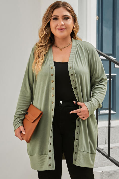 Snap Up V-Neck Long Sleeve Cardigan with Pockets Trendsi