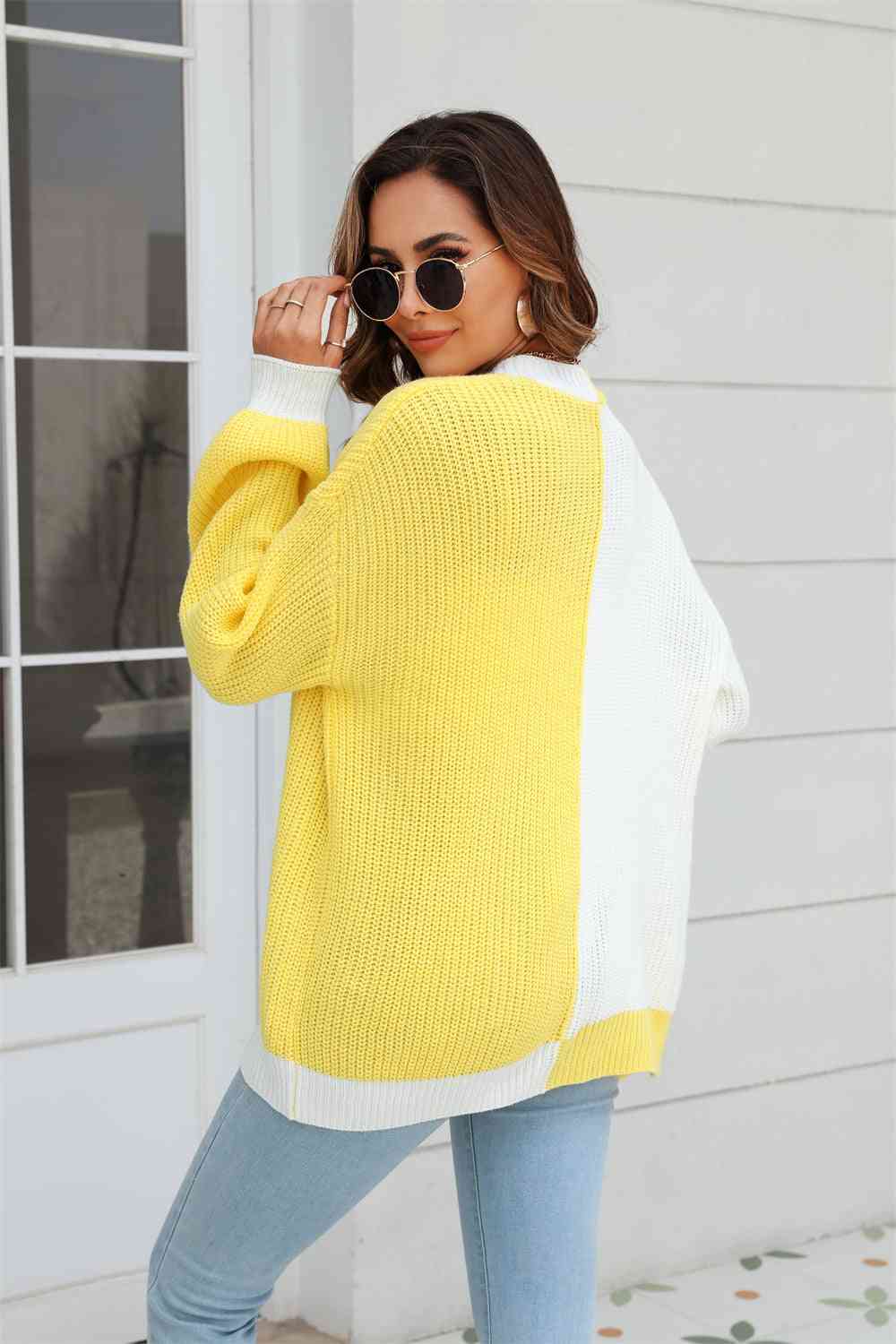 Open Front Contrast Color Balloon Sleeve Cardigan Trendsi