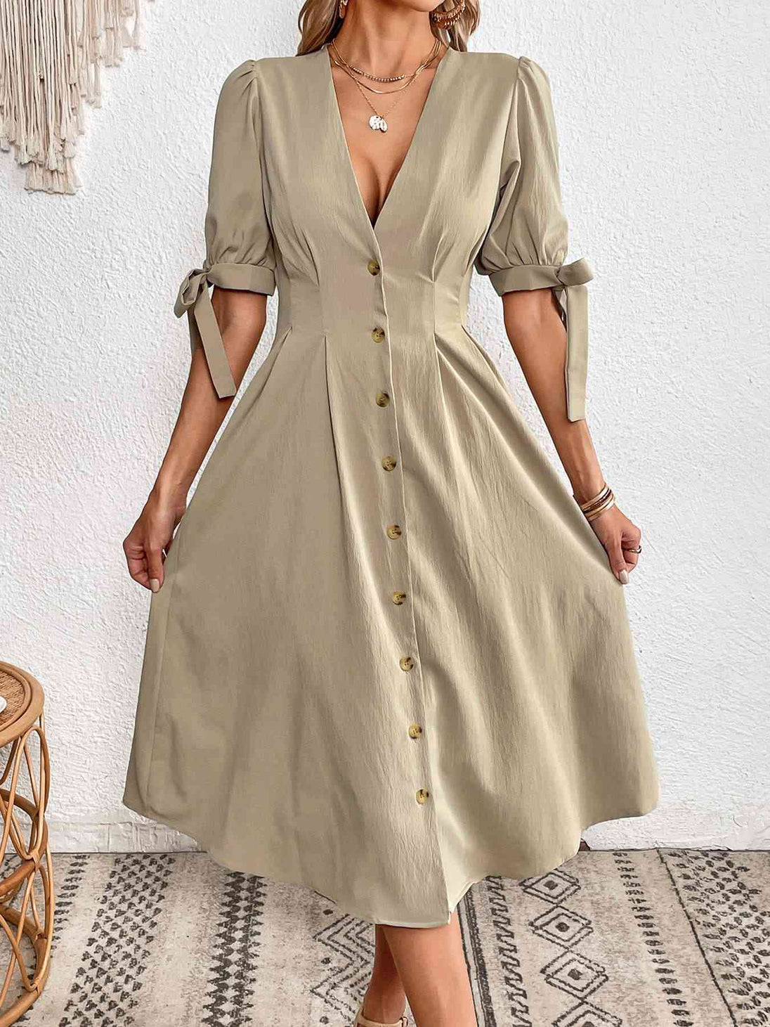 Tie Cuff Deep V Button Down Dress -BazaarBey - www.shopbazaarbey.com