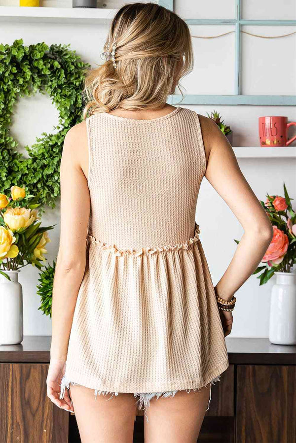 Decorative Button V-Neck Waffle-Knit Babydoll Tank Bazaarbey