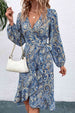 Printed Tie-Waist Balloon Sleeve Plunge Dress -BazaarBey - www.shopbazaarbey.com