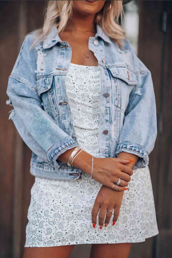 Distressed Drop Shoulder Denim Jacket Bazaarbey