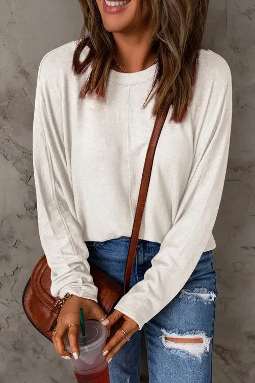 Seam Detail Round Neck Long Sleeve Top Trendsi