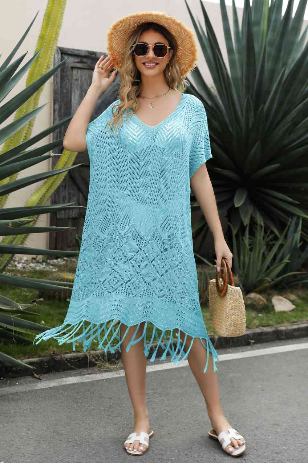 V-Neck Short Sleeve Fringe Hem Knit Dress Bazaarbey