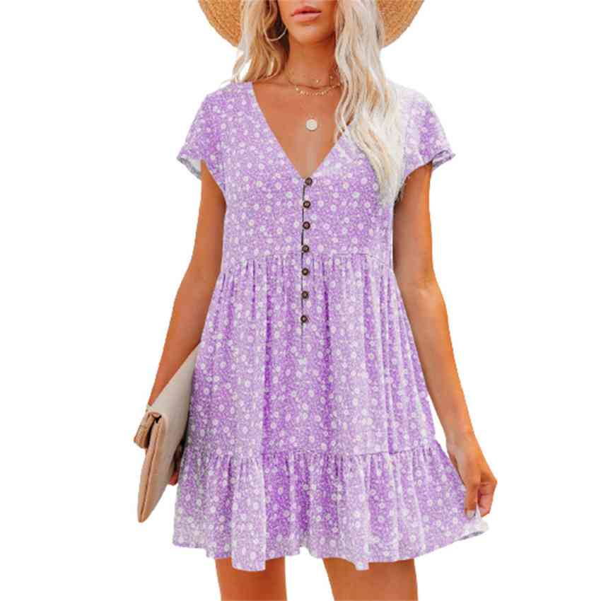 Printed V-Neck Buttoned Short Sleeve Mini Dress -BazaarBey - www.shopbazaarbey.com