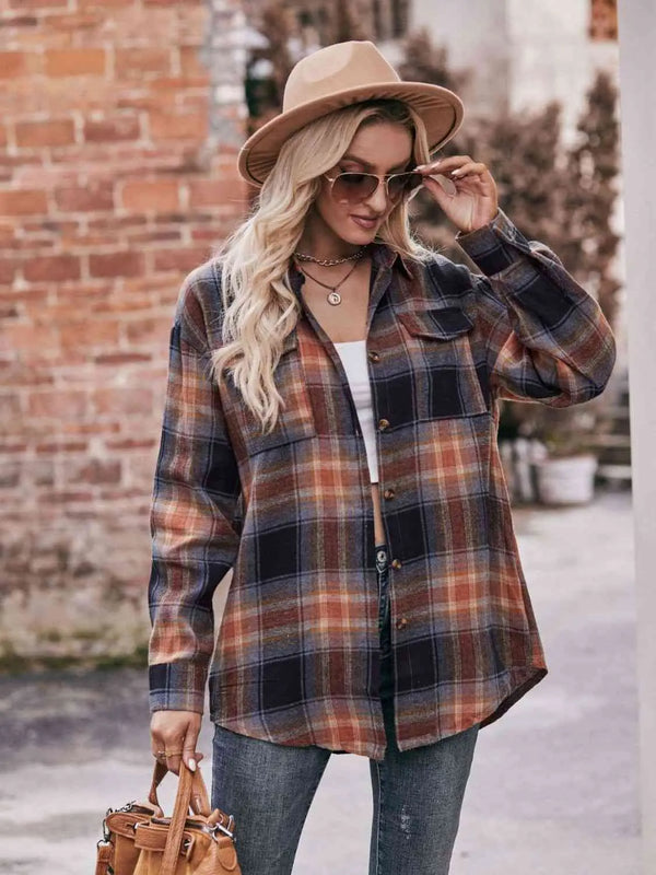 Plaid Dropped Shoulder Longline Shirt Trendsi