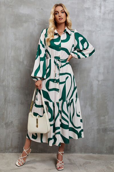 Tie-Waist Printed Button Up Dress -BazaarBey - www.shopbazaarbey.com