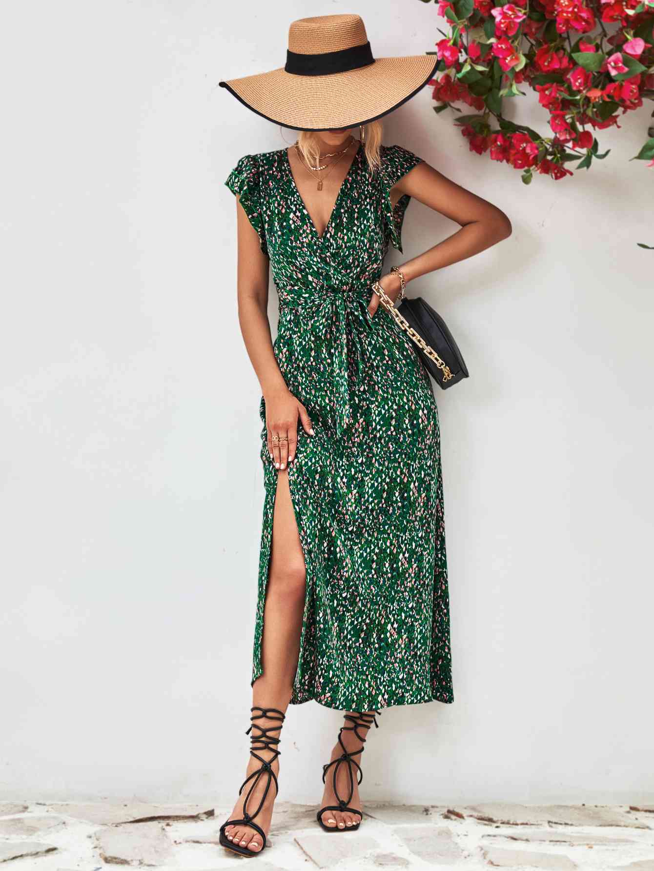 Printed  Neck Flutter Sleeve Slit Dress -BazaarBey - www.shopbazaarbey.com