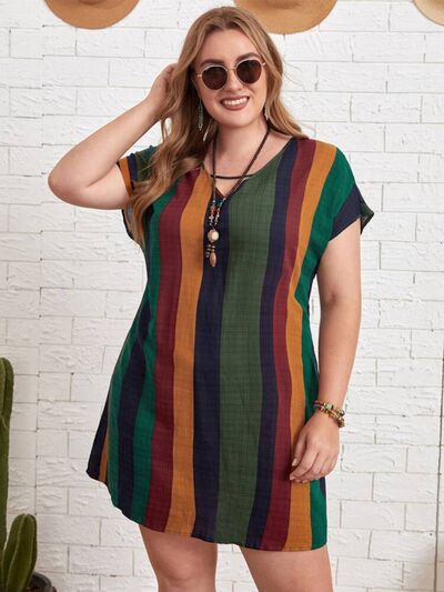 Plus Size Striped Short Sleeve Mini Dress -BazaarBey - www.shopbazaarbey.com