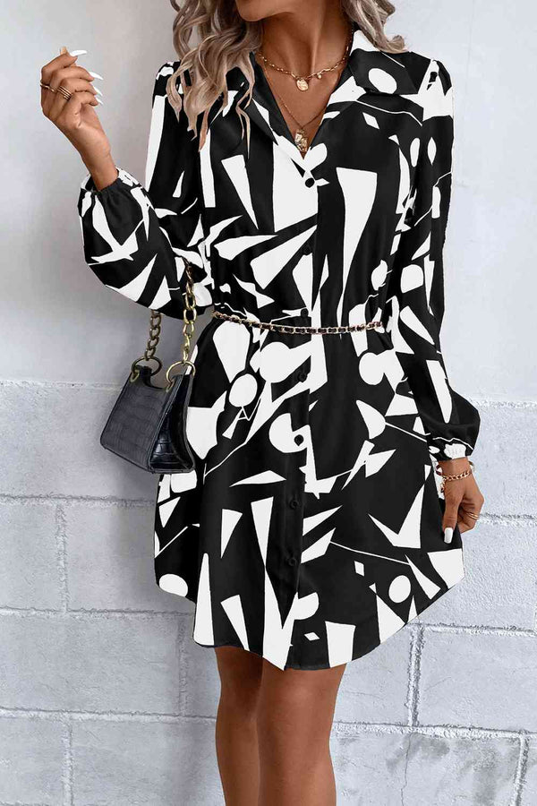 Geometric Long Sleeve Shirt Dress Bazaarbey