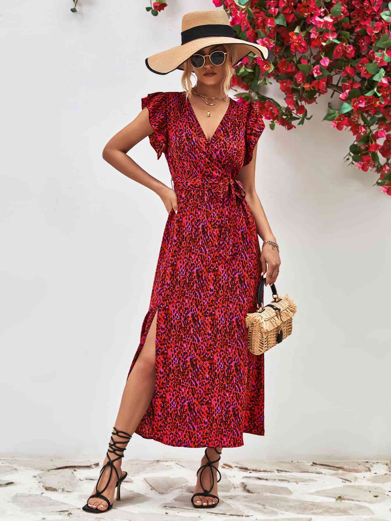 Printed  Neck Flutter Sleeve Slit Dress -BazaarBey - www.shopbazaarbey.com